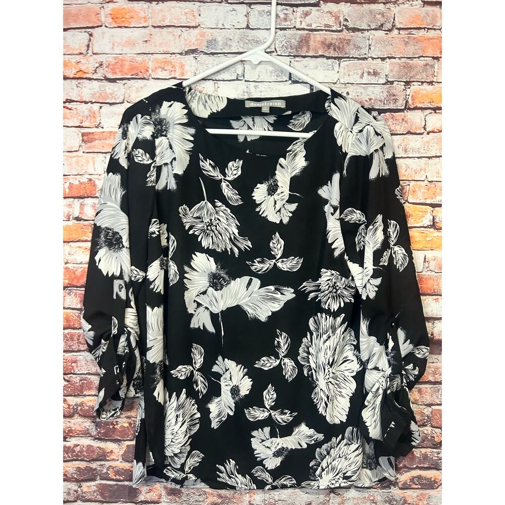 Black cream Daniel Rainn 3/4 sleeve floral blouse top shirt women's size medium - Picture 1 of 6